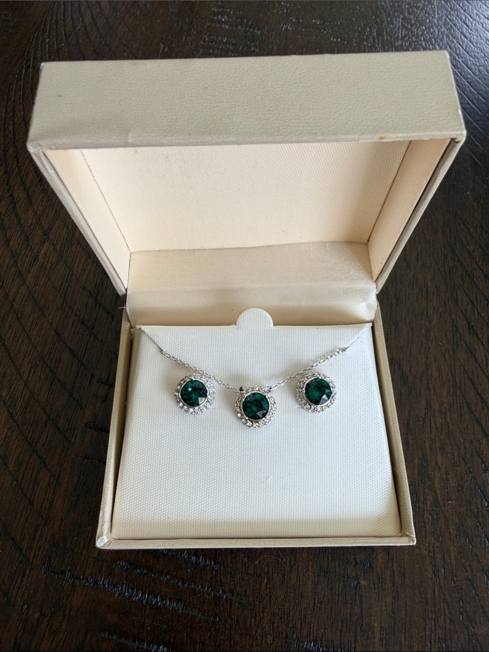 Rhodium Plated Sterling Silver Green Clear Crystal Necklace Earring Set